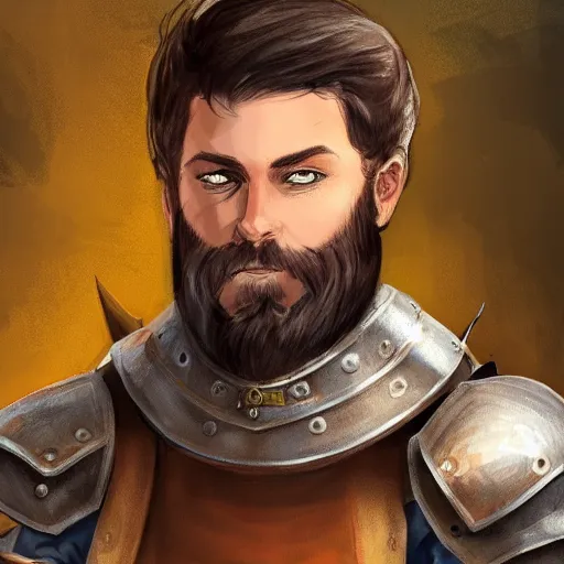 Image similar to character concept d & d young scarred captain knight with a steel breastplate, short brown hair and beard. straight nose, lean face and build. hyper detailed