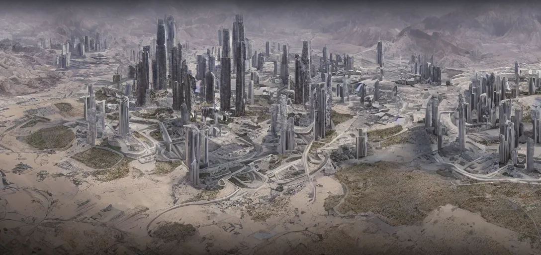 Prompt: the city of neom in saudi arabia upon completion, cinematic shot, hyper realistic, hyper detailed