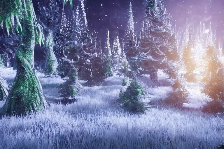 Image similar to crystallized forest with gilded trees and jeweled flowers by unreal engine, photorealistic