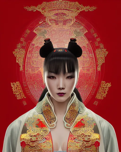 Image similar to portrait of a chinese cyberpunk machine, machine face, robed, upper half portrait, decorated with chinese opera motifs, regal, asian, fine china, wuxia, traditional chinese art intricate intense elegant 京 剧 highly detailed digital painting artstation concept art smooth sharp focus illustration, art by artgerm and greg rutkowski alphonse mucha 8 k