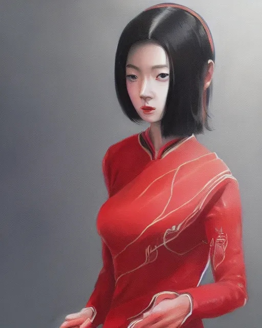 Prompt: a ultradetailed beautiful panting of a asian robotic female wearing traditional red ao dai, by ilya kuvshinov, greg rutkowski and makoto shinkai, trending on artstation