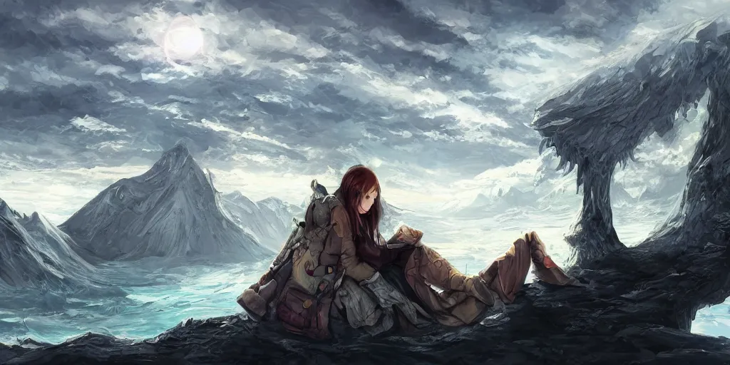 Image similar to digital art, trending on artstation, resting at the end of the world.