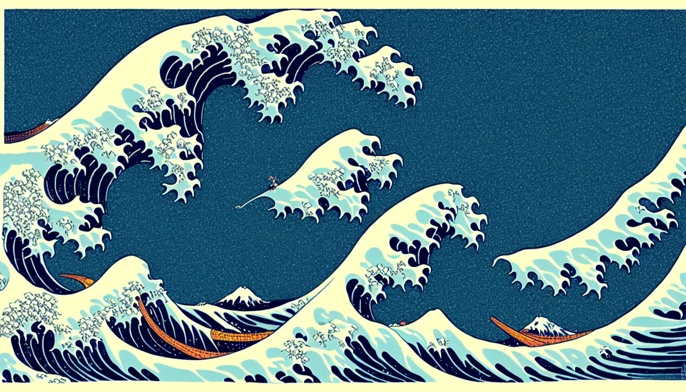 Image similar to the great wave by woodblock print, nicolas delort, moebius, victo ngai, josan gonzalez, kilian eng