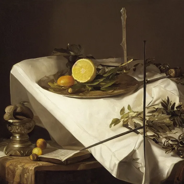 Image similar to still life painting of master sword and greenery by pieter claesz, oil on canvas, strong lighting, highly detailed, hyper realism, golden hour, god rays, hd, 4 k