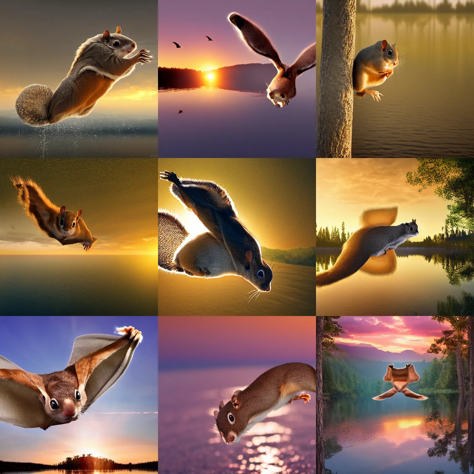 Prompt: a high quality photo of a flying squirrel gliding, soaring over a lake in forest, golden hour, render, ultra photorealistic, epic lighting, cgsociety