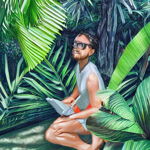 Image similar to person relaxing under the shade of a banana tree, digital art, hyper detailed