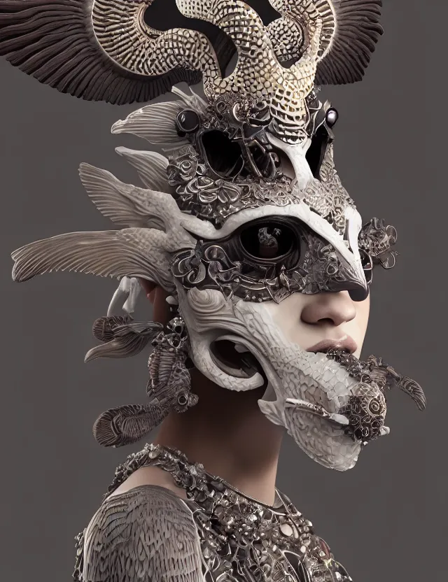 Image similar to 3 d goddess close - up 3 / 4 portrait with ram skull. beautiful intricately detailed japanese crow kitsune mask and clasical japanese kimono. betta fish, jellyfish phoenix, bio luminescent, plasma, ice, water, wind, creature, artwork by tooth wu and wlop and beeple and greg rutkowski