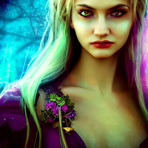 Image similar to a beautiful female human warlock portrait, focus on face, sharply focussed, brightly colored, dress, long blonde hair, fairy, fae, fantasy, medieval, still, photograph, highly detailed, trending on artstation