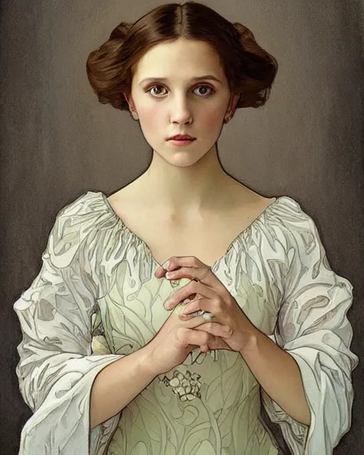 Prompt: an art nouveau painting of a girl resembling alicia vikander or millie bobby brown in a wedding dress, highly detailed, intricate, artstation, by alphonse mucha