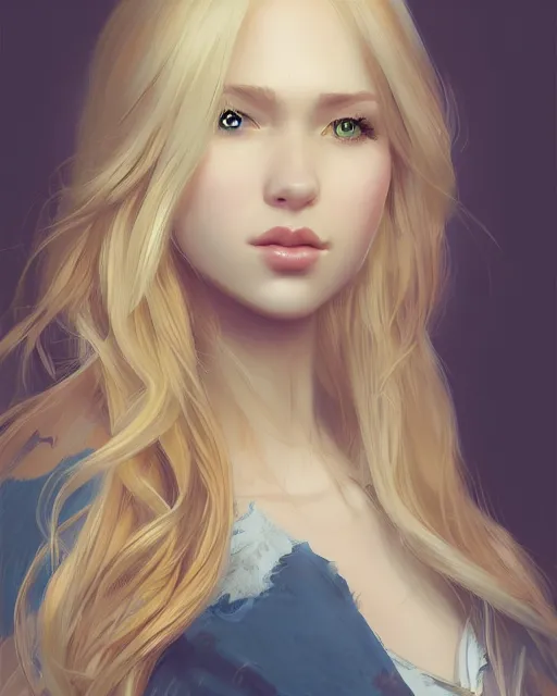 Image similar to portrait of a beautiful girl, flowy blonde hair, cinematic lighting, highly detailed, digital painting, trending on artstation, pixiv, concept art, sharp focus, illustration, art by ross tran and wlop