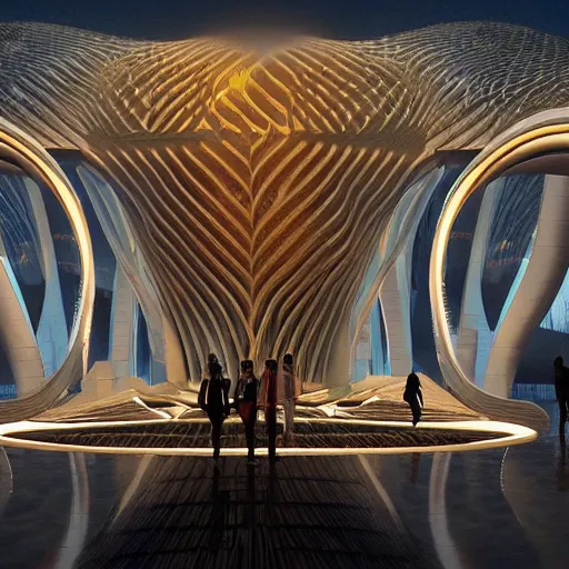 Prompt: a futuristic highly detailed temple to artificial intelligence designed by zaha hadid, humans pointing at a statue of an ai cyborg resembling athena, glowing lights, immersive experience, panoramic view, unreal engine