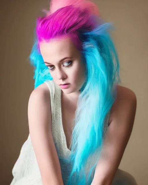 Image similar to a dramatic lighting photo of a beautiful young woman with cotton candy hair. with a little bit of cyan and pink