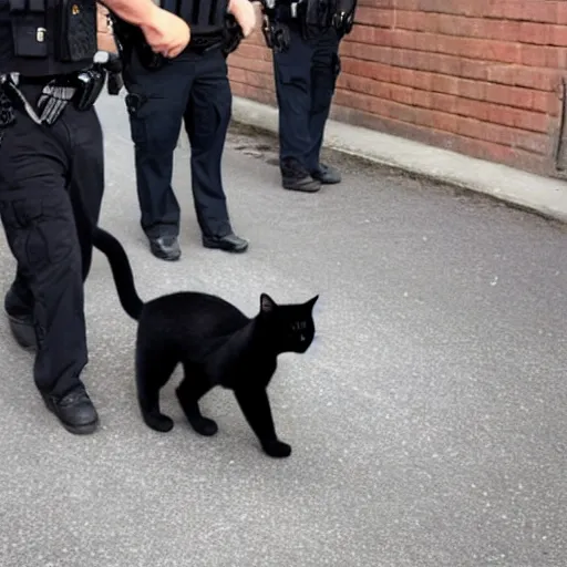 Prompt: A black cat being arrested by the police