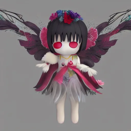 Image similar to cute fumo plush of a divine angel, gothic maiden, ribbons and flowers, ruffled wings, feathers raining, particle simulation, clouds, vray, outline glow lens flare burning sun, fallen angel