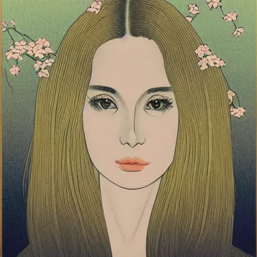 Prompt: “ lana del rey portrait by ikenaga yasunari and ayana otake and ko rakusui, 6 0 s poster, drawing, realistic, sharp focus, japanese, dreamy, nostalgia, faded, golden hues, floral clothes ”