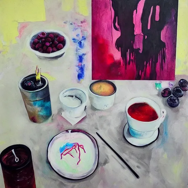 Image similar to “ sensual, neo - expressionism, surrealism, a portrait in a female art student ’ s apartment, pancakes, iced latte, berries, art supplies, a candle dripping white wax, berry juice drips, acrylic and spray paint and oilstick on canvas ”