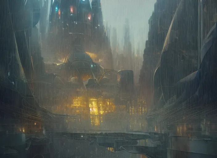 Image similar to giant spaceship, city is pure wasteland, rain, dusk, low saturation, glowing lights, alphonse mucha, greg rutkowski, trending on artstation, artgerm, breathtaking, sharp focus, smooth, mark arian, award winning, highly detailed 4 k art