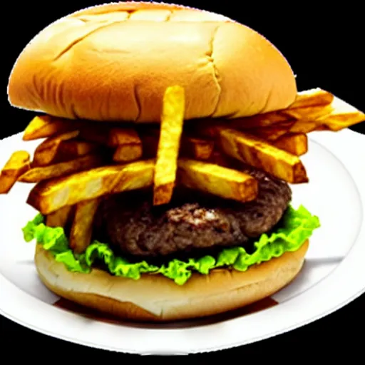 Image similar to a monster made of a hamburger and french fries