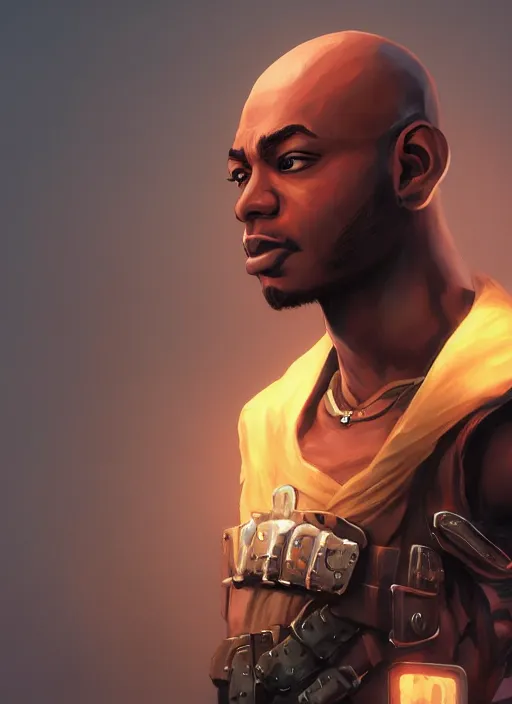 Image similar to An epic fantasy comic book style portrait painting of a young dark skinned thief with broad shoulders and a bald head in a vest, unreal 5, DAZ, hyperrealistic, octane render, cosplay, RPG portrait, dynamic lighting