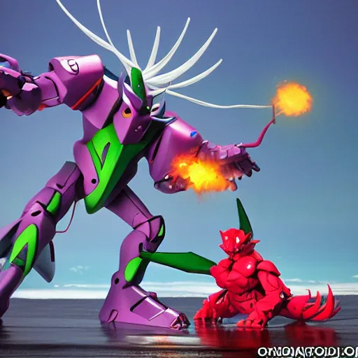 Image similar to EVA 01 fights with Kaiju from Pacific Region