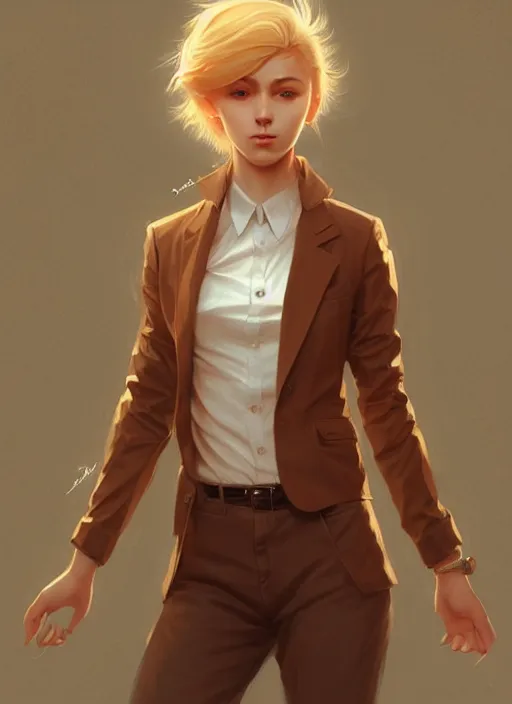 Image similar to ultradetailed beautiful painting of a stylish young lady wearing a brown foxgirl suit, dramatic, she has blond hair, distressed, volumetric light, full body portrait by greg rutkowski, ilya kuvshinov, james jean, makoto shinkai, on artstation