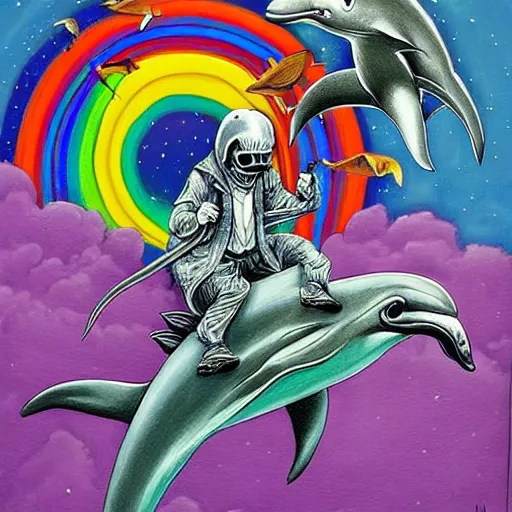 Image similar to a hyper realistic painting of the grim reaper riding a dolphin that is jumping over a rainbow, by joe fenton,