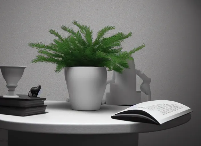 Prompt: a small miniature of a Peugeot 309 on a white table near a book and a vase with a plant, 3d render, octane render, unreal engine 5, path tracing, serene landscape, calm, relaxing, beautiful landscape, highly detailed, high quality, 4k, symmetrical, low contrast