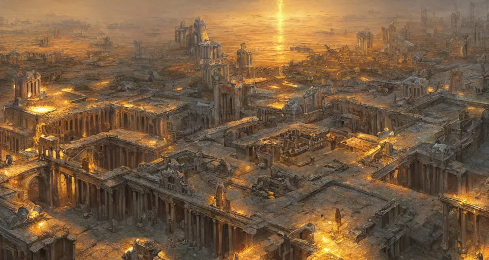 Image similar to drone shot ancient city of atlantis with big buildings in gold, fantasy, magical, cinematic, establishing shot, atmospheric lighting, extremely detailed, intricate, sharp focus, coherent, art style of marc simonetti, bowater charlie and brom gerald