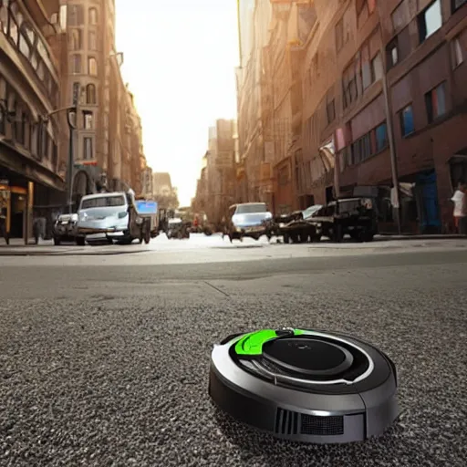 Prompt: roomba attacks the city, people running from roomba, buildings on fire