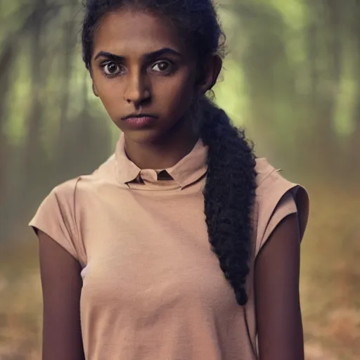 Image similar to hd kodachrome school portrait of shy fully clothed teenage brown - skinned fantasy witch, school uniform, grzegorz rutkowski, symmetry, dramatic lighting, high contrast, elfin beauty, deep dark forest, moody, natasha caine, naomi scott, young female himesh patel, indian prince edward, beautiful, quiet, intelligent, contemplative