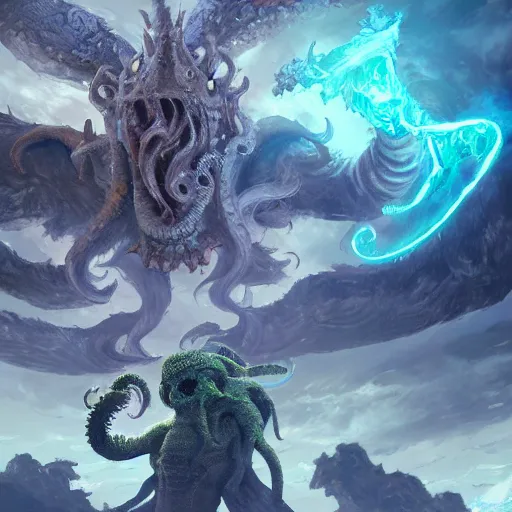 Image similar to a wizard fighting the cthulhu, octane render / source, oil painting, trending on artstation, rossdraws