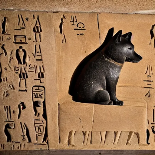 Prompt: happy shiba inu dog carving on the wall of an ancient egyptian tomb