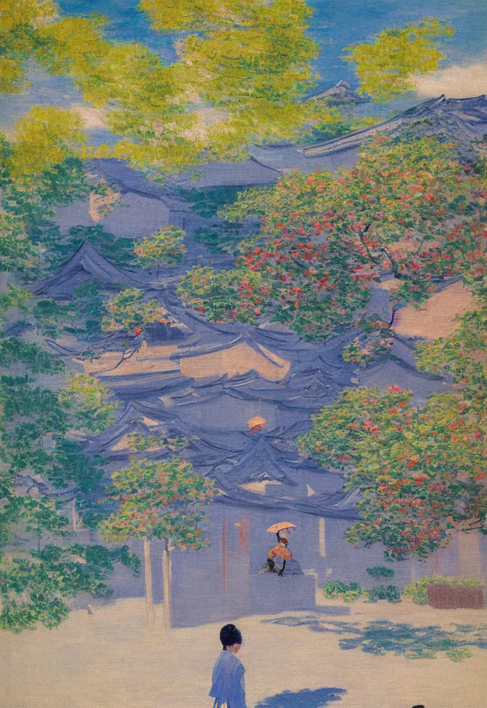 Image similar to tiny samurai in front of a futuristic japanese country side landscape, edo era house in the background, blue sky, magnificient clouds, lofi vibe, vivide colors, amazing light, really beautiful nature, oil painting, impressionist style, by claude monet, by ghibli, by kandinsky, multiple brush strokes, masterpiece