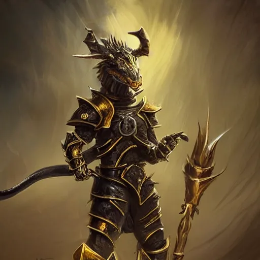 Prompt: A cute anthropomorphic dragon warrior stands tall wearing black and gold plate armor, cute and adorable, pretty, beautiful, DnD character art portrait, matte fantasy painting, DeviantArt Artstation, Character design, intricate artwork by Tooth Wu and greg rutkowski, cinematic, hyper realism, high detail, Vibrant colors, Smooth gradients, High contrast, depth of field