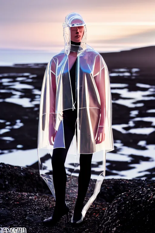 Image similar to an ultra high definition professional high fashion portrait studio full length photograph of a model wearing a transparent pearlescent raincoat and neon visor in an icelandic black rock environment at dawn. no artefacts. extremely detailed. stark. refraction. shallow depth of field. volumetric light and shadow. ray tracing. light rays.