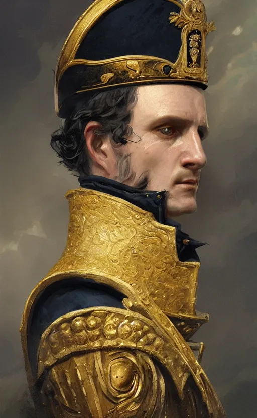 Prompt: Portrait of a napoleonic admiral, male, detailed face, napoleonic, highly detailed, cinematic lighting, digital art painting by greg rutkowski