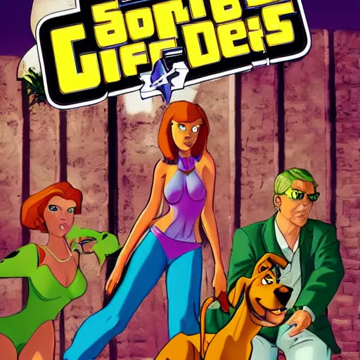 Image similar to Scooby Doo in GTA 5, cover art by stephen Bliss, no text, girls in bikinis in the background, holding a gun, trending on artstation