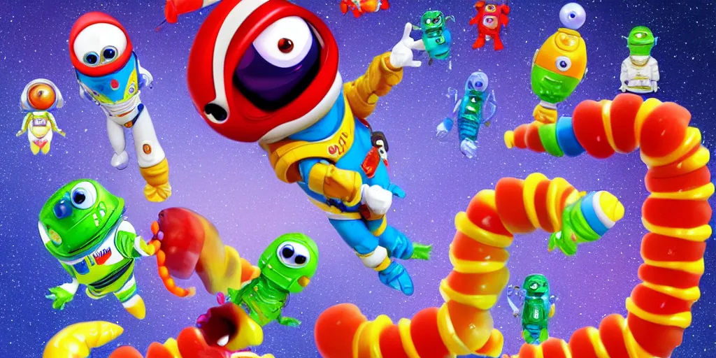 Prompt: a 3 d rendered movie still a gummi worm descendant 1 million years from now. gummi worm wears a spacesuit, and explores cosmos in a super awesome space ship. science fiction blockbuster movie gummi worms rule the world or my stepmom is a gummi worm from space, dramatic lighting, imax 7 0 mm. buzz lightyear