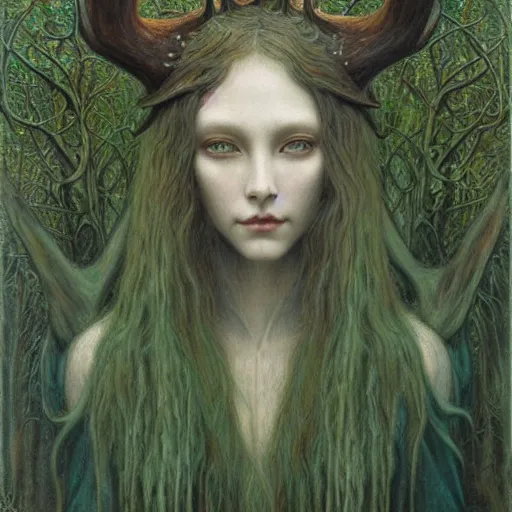 Image similar to a mysterious forest goddess with green eyes and antlers, moodym creepy, portrait, muted colors, highly detailed, intricate artwork, beautiful oil painting by Jean Delville