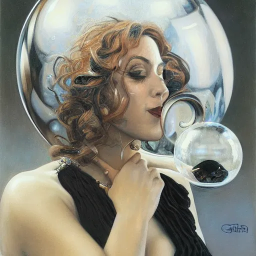 Prompt: portrait of a woman kissing a metal black sphere with a cute face painted on it, by donato giancola