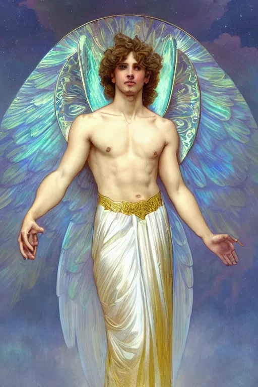 Prompt: fullbody portrait of a beautiful young fit male angel with curly blond hairs, soft smile, closed eyes, blessing palms, dressed in long fluent skirt, majestic symmetrical eagle wings, luminous halo, by greg rutkowski and alphonse mucha, gradient white to gold, in front of an iridescent background, highly detailed portrait, digital painting, smooth, sharp focus illustration