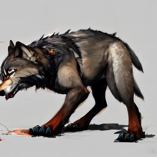 Image similar to concept art of anthropomorphized wolf, highly detailed painting by dustin nguyen, akihiko yoshida, greg tocchini, 4 k, trending on artstation, 8 k