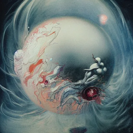 Image similar to a sphere being devoured by abstract splatters of white paint in the style of francis bacon, venus being engulfed in white flames in the style of james jean, surreal, beksinski, high detailed