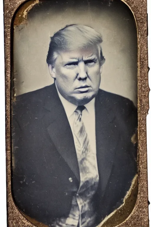 Prompt: a tintype photo of a very obese Donald Trump