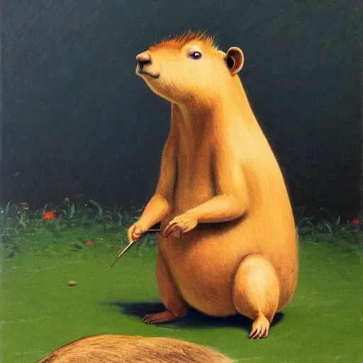 Image similar to a capybara playing video games, oil painting, by randolph caldecott