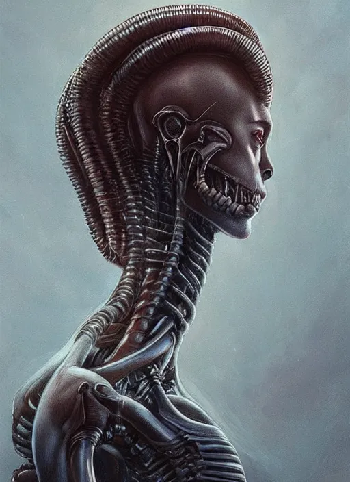 Image similar to a hyper detailed face portrait of ellen ripley becoming a xenomorph, by tom bagshaw, by zdzisław beksinski, trending on artstation