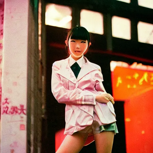 Image similar to 1990s perfect 8K HD professional cinematic photo of close-up japanese schoolgirl posing in dystopian alleyway with neon signs, at evening during rain, at instagram, Behance, Adobe Lightroom, with instagram filters, depth of field, taken with polaroid kodak portra