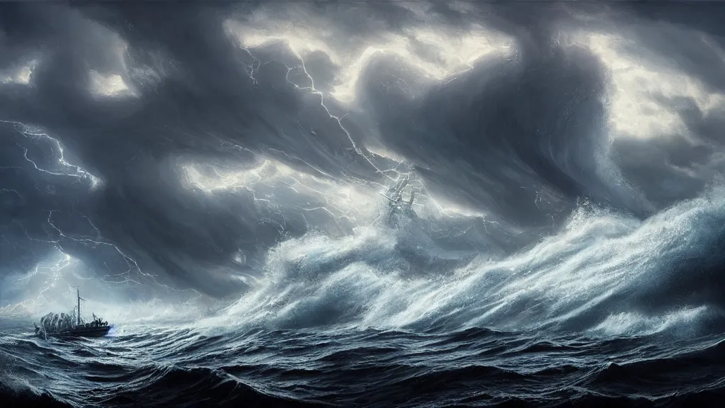 Prompt: small boat in the foreground. massive giant kraken coming out of a stormy sea, giant waves, lightning in background, intricate, detailed, volumetric lighting, sharp focus, scenery, photorealism, digital painting, highly detailed, concept art, ruan jia, dark souls, steve mccurry