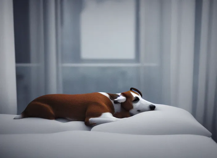 Image similar to photography of a Jack Russel . watching outside the window. on a bed .in a 3d rendered white room. octane render, 3d, foggy, volumetric light, volumetric fog, photorealistic, unreal engine 5, award winning photo, 100mm, sharp, cloth, high res