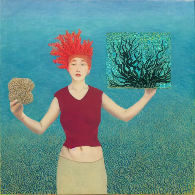 Prompt: tall emo female artist holding seaweed and a starfish in okinawa, coral reef, summer, cocktails scuba, pigs, octopus, acrylic on canvas, surrealist, by magritte and monet